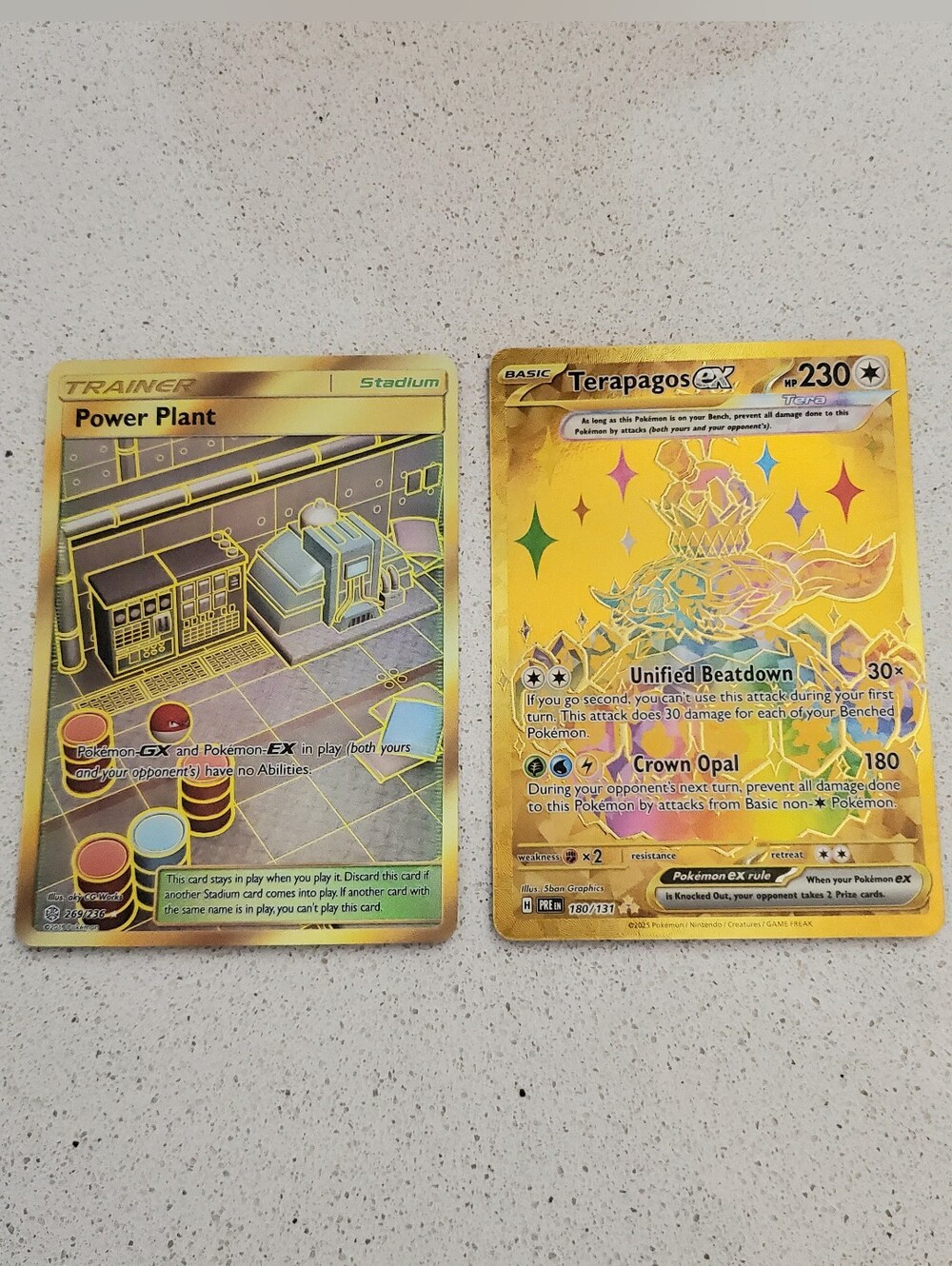 Pokemon Gold Holo Terapagos-EX & Power Plant Stadium Trading Cards